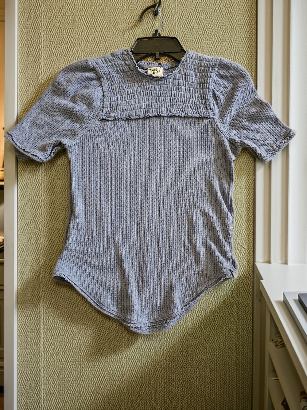 We The Free Free People Blue Waffle Knit Smocked Puff Sleeve Top S